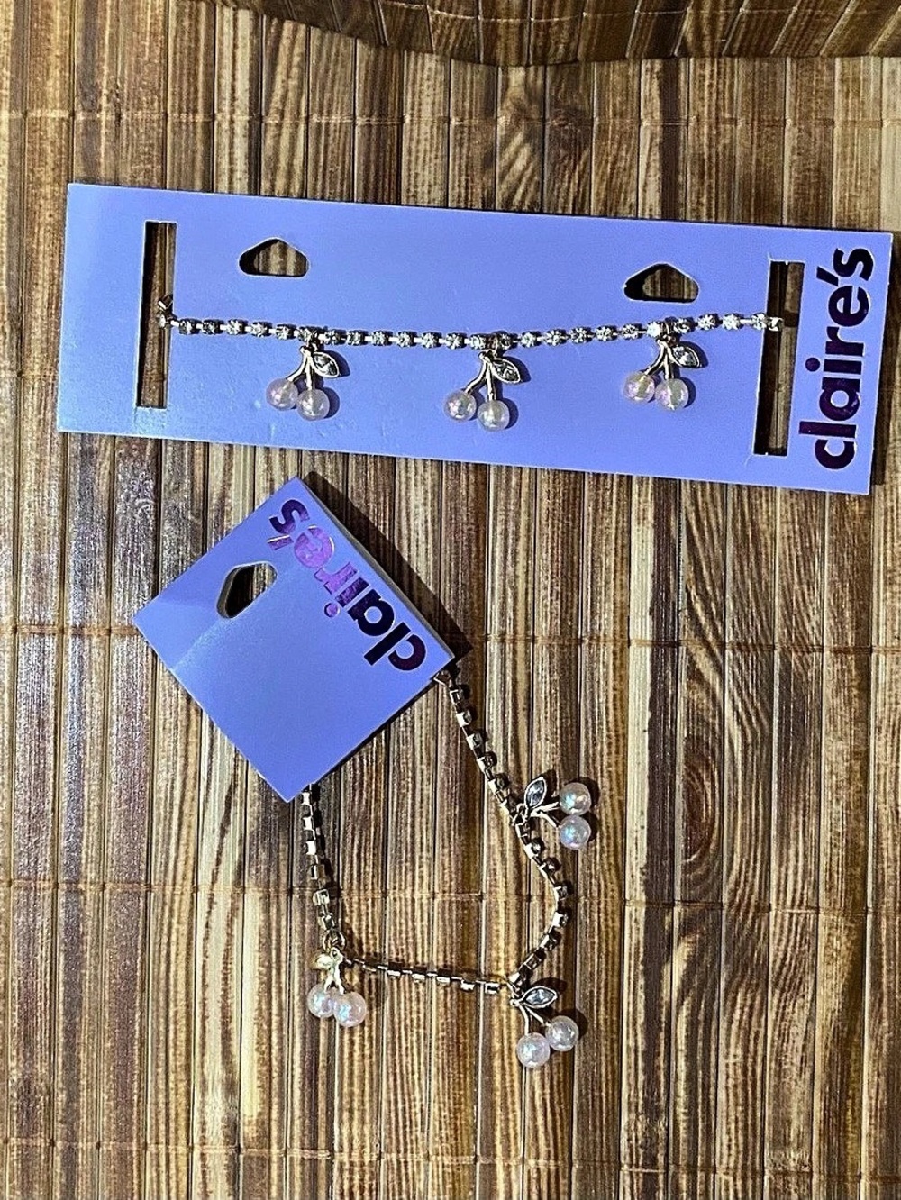 claires cherry Charm Necklace & bracelet in Gold & translucent Pink NWT